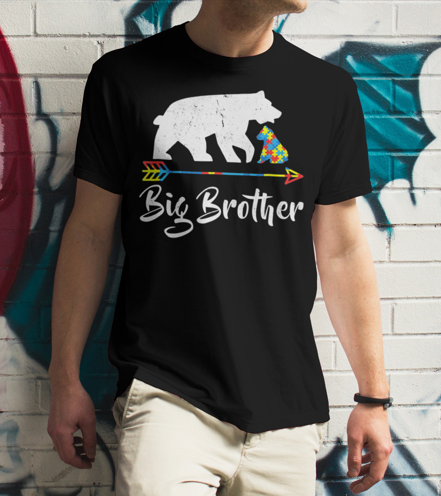 Big Brother Bear Autism Awareness Puzzle Pattern Arrow T-Shirt