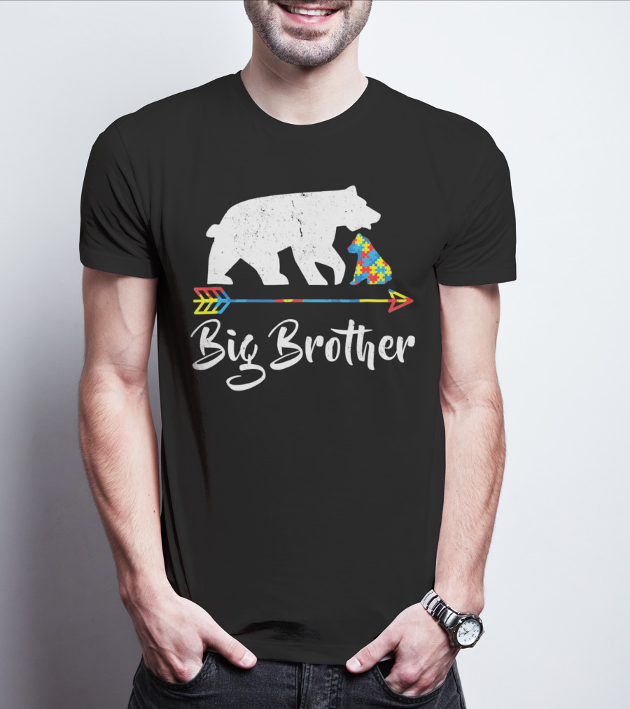 Big Brother Bear Autism Awareness Puzzle Pattern Arrow T-Shirt