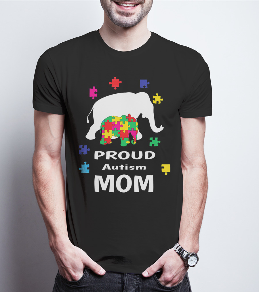 Proud Autism Mom Elephant Puzzle Piece Awareness T-Shirt