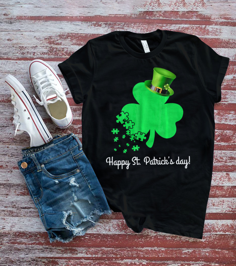 Happy St. Patrick's Day Shamrock With Puzzle Pieces Autism Awareness T-Shirt
