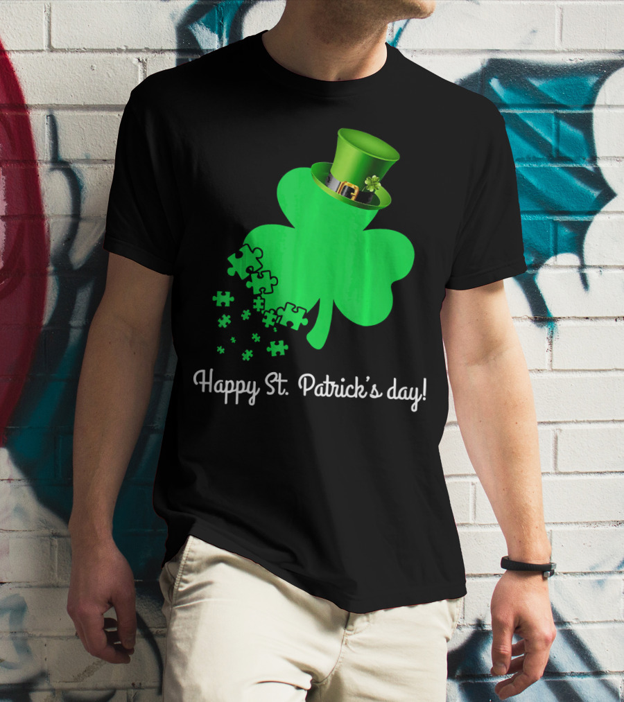 Happy St. Patrick's Day Shamrock With Puzzle Pieces Autism Awareness T-Shirt