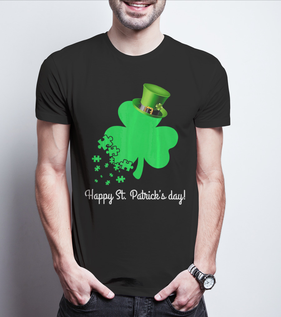 Happy St. Patrick's Day Shamrock With Puzzle Pieces Autism Awareness T-Shirt