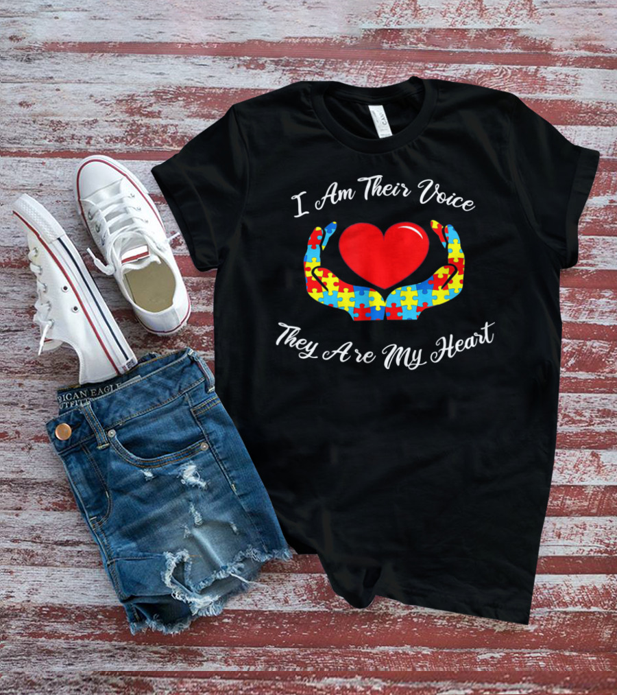 I Am Their Voice They Are My Heart Autism Puzzle Heart And Hands T-Shirt