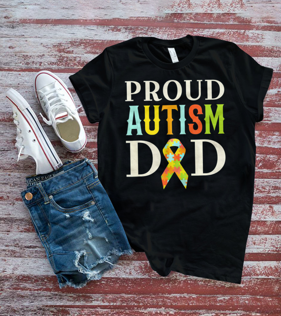 Proud Autism Dad Multicolor Puzzle Ribbon Awareness T-Shirt