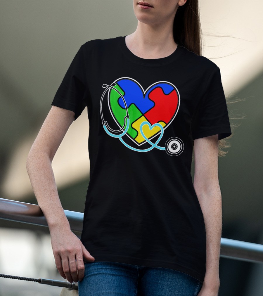 Nurses Autism Awareness Heart With Puzzle Pieces And Stethoscope T-Shirt