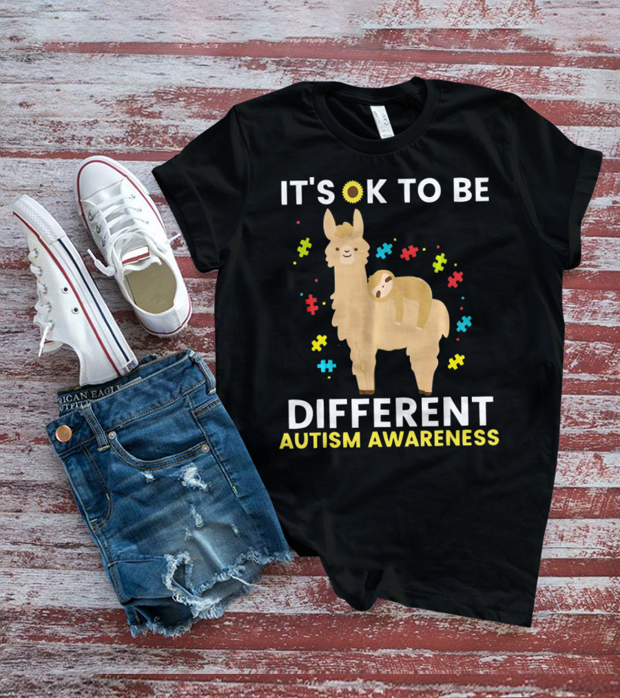 It's OK To Be Different Llama Sloth Autism Awareness T-Shirt