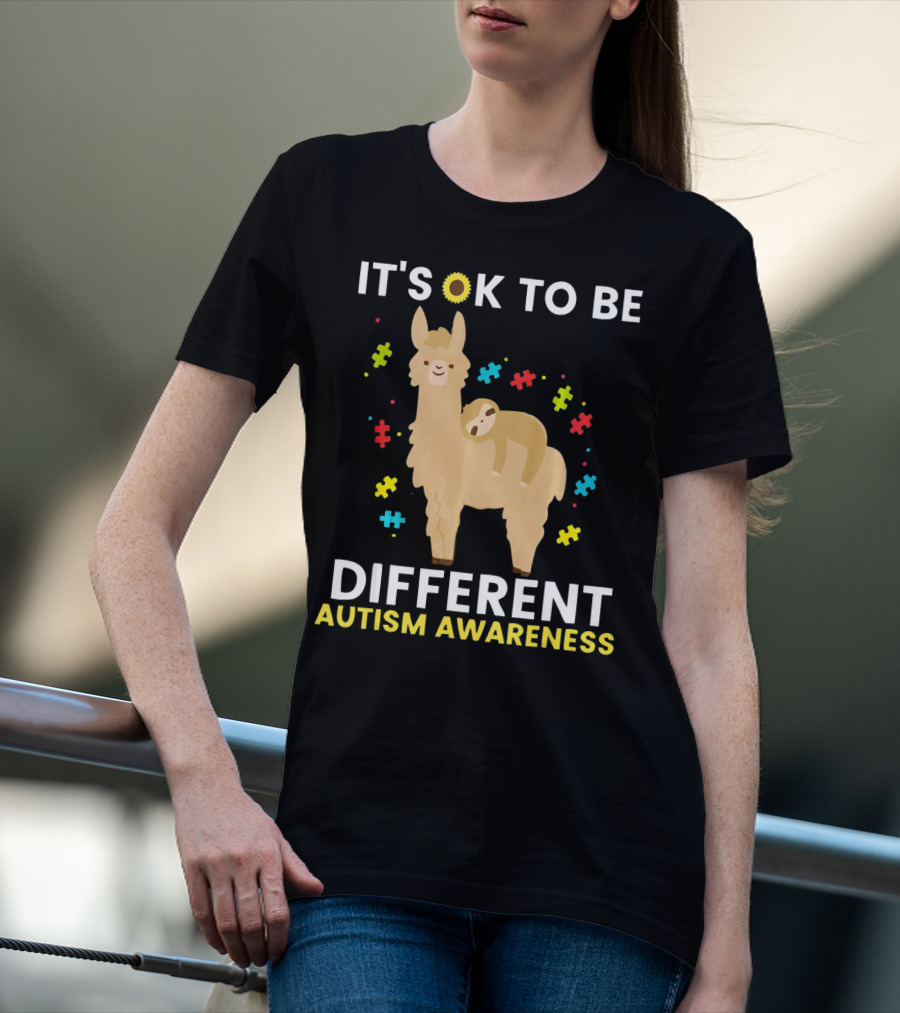 It's OK To Be Different Llama Sloth Autism Awareness T-Shirt