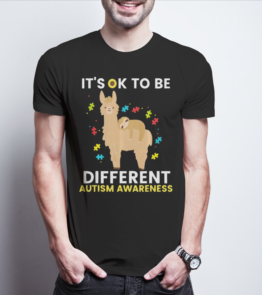 It's OK To Be Different Llama Sloth Autism Awareness T-Shirt