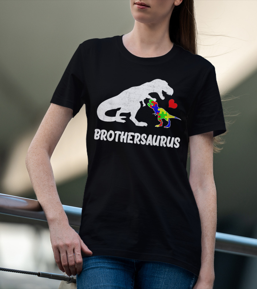 Brothersaurus Strong Dinosaur Autism Heart Puzzle T-Shirt