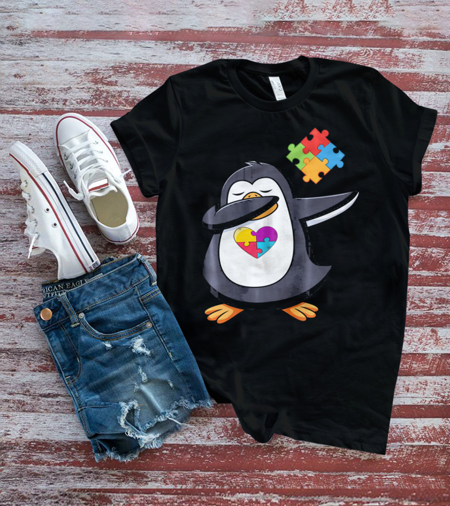 Penguin Dab Puzzle Piece Heart Autism Awareness T-Shirt