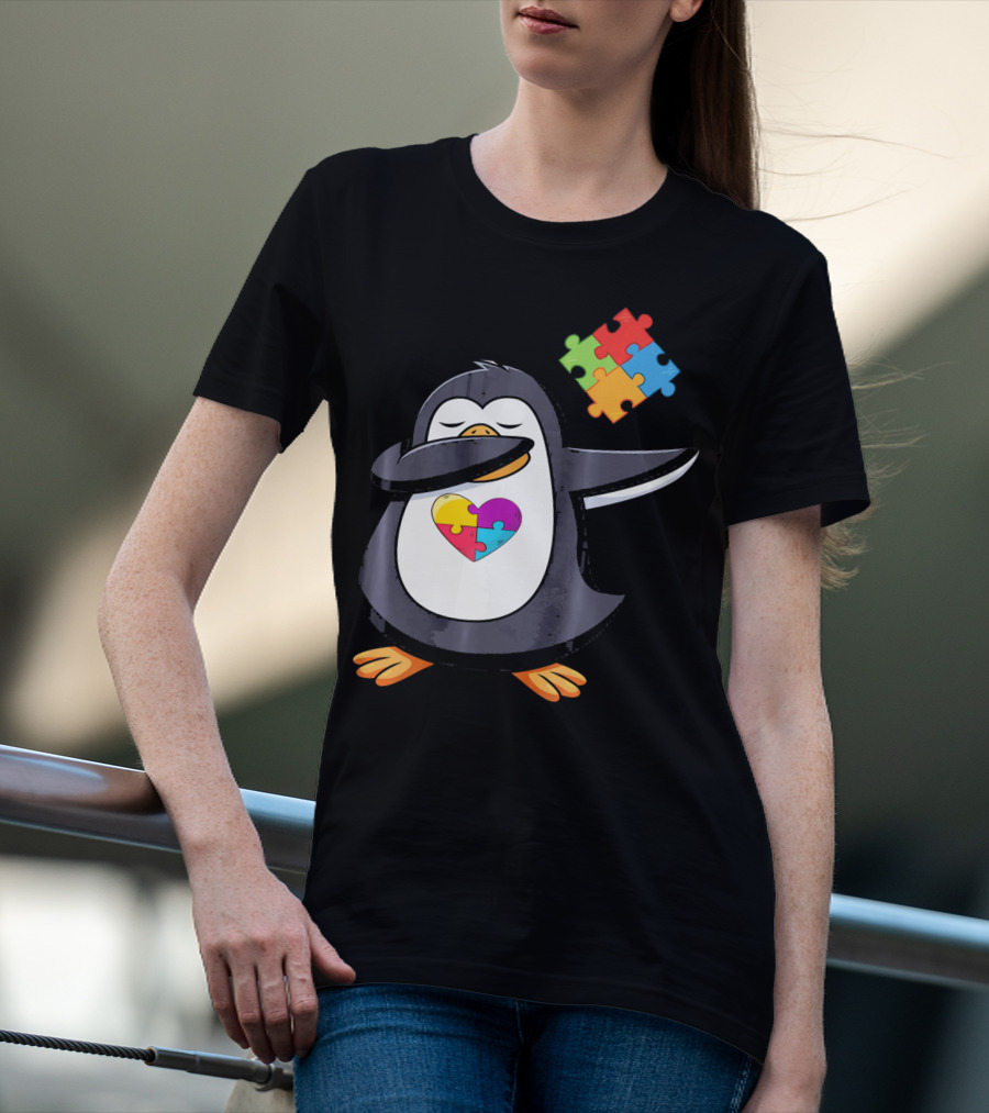 Penguin Dab Puzzle Piece Heart Autism Awareness T-Shirt