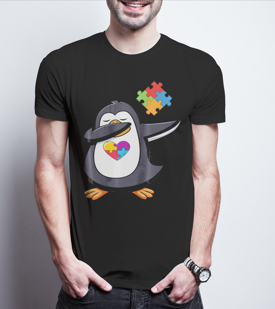Penguin Dab Puzzle Piece Heart Autism Awareness T-Shirt