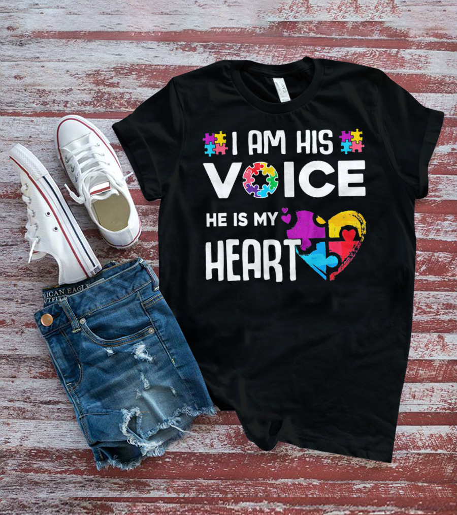 Autism Awareness I Am His Voice He Is My Heart Puzzle Piece Heart T-Shirt