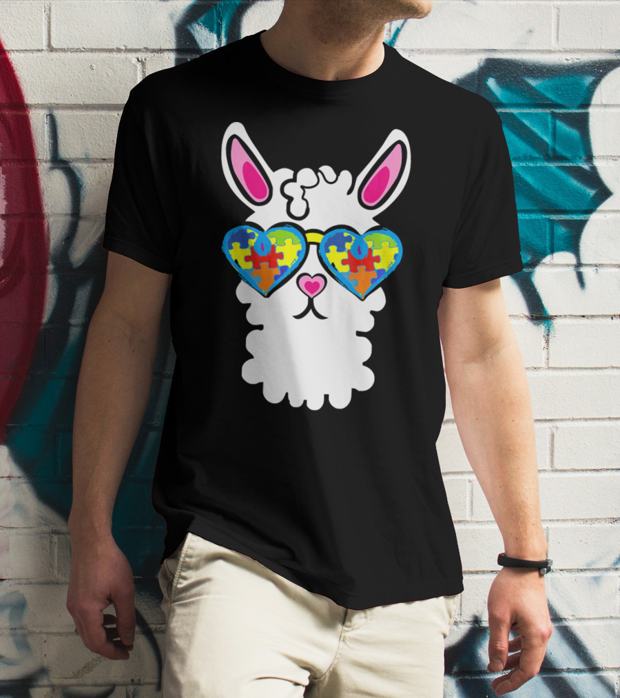 Autism Awareness Llama Heart Puzzle Sunglasses T-Shirt