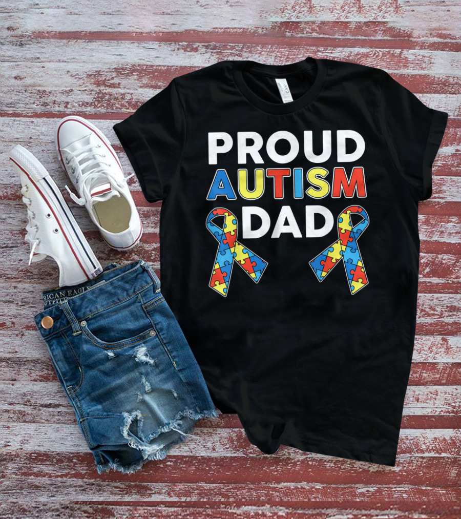 Proud Autism Dad Awareness Ribbon Puzzle T-Shirt