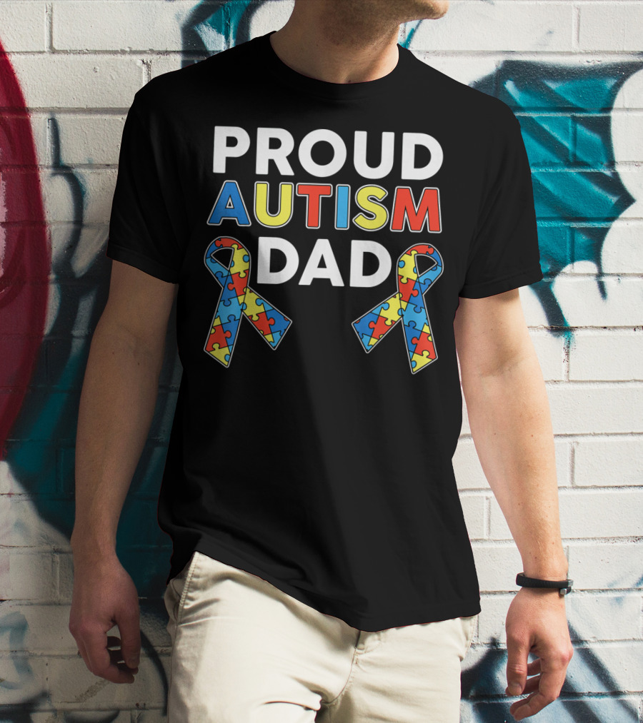 Proud Autism Dad Awareness Ribbon Puzzle T-Shirt