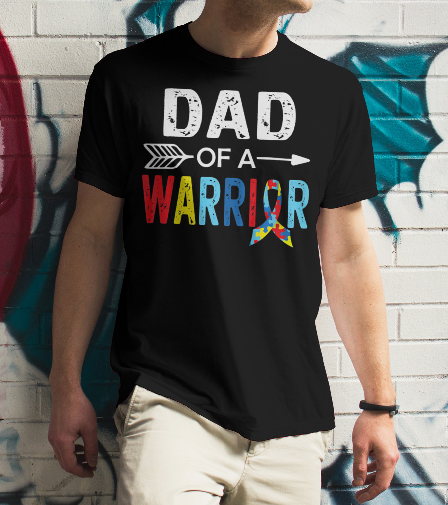 Dad Of A Warrior Autism Awareness Puzzle Ribbon Arrow T-Shirt