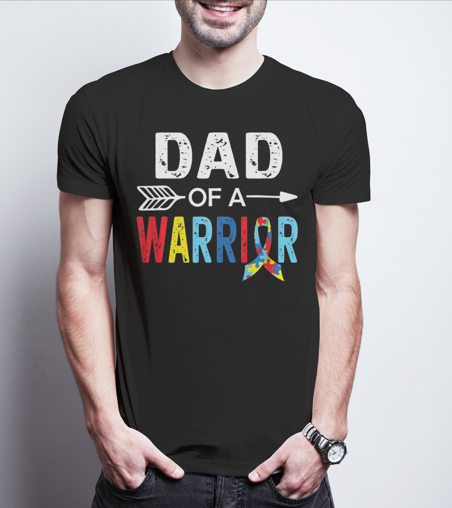 Dad Of A Warrior Autism Awareness Puzzle Ribbon Arrow T-Shirt