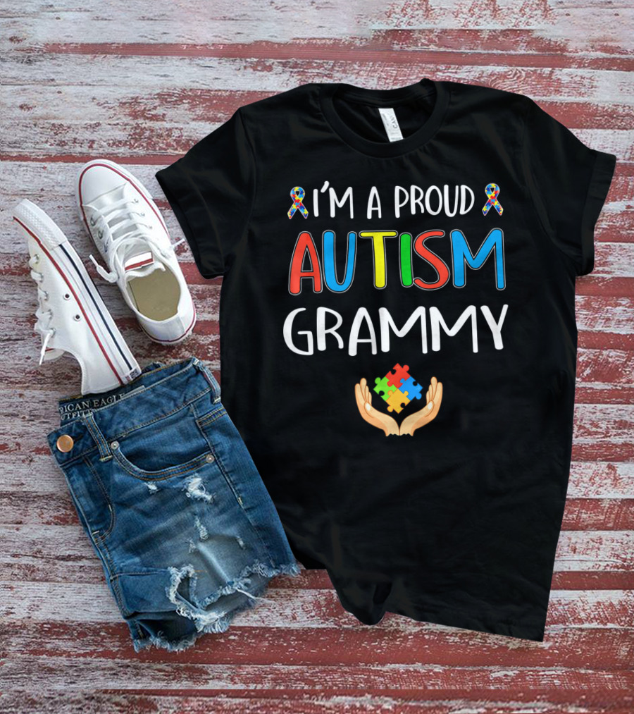 I'm A Proud Autism Grammy Awareness Puzzle Ribbon Hand T-Shirt