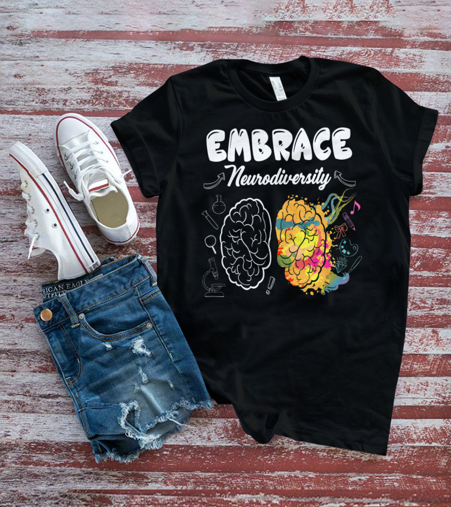 Embrace Neurodiversity Brain Autism Awareness Colorful Science Music Art Icons T-Shirt