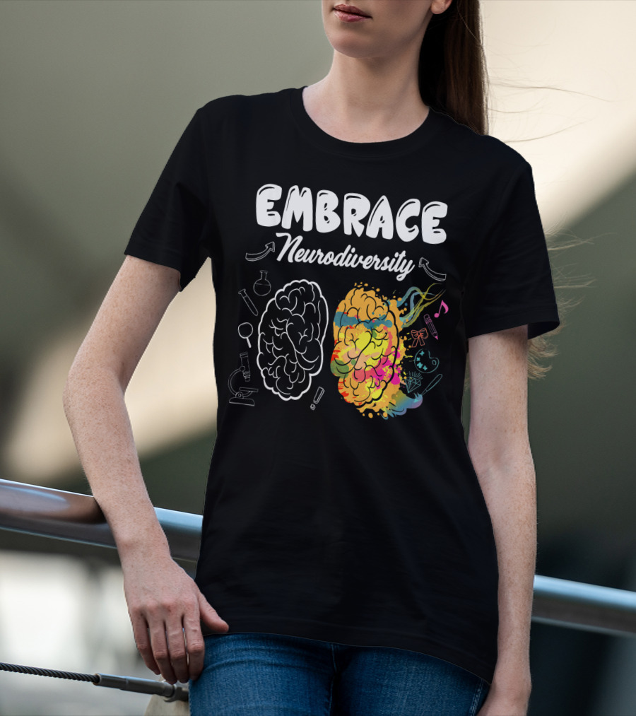 Embrace Neurodiversity Brain Autism Awareness Colorful Science Music Art Icons T-Shirt