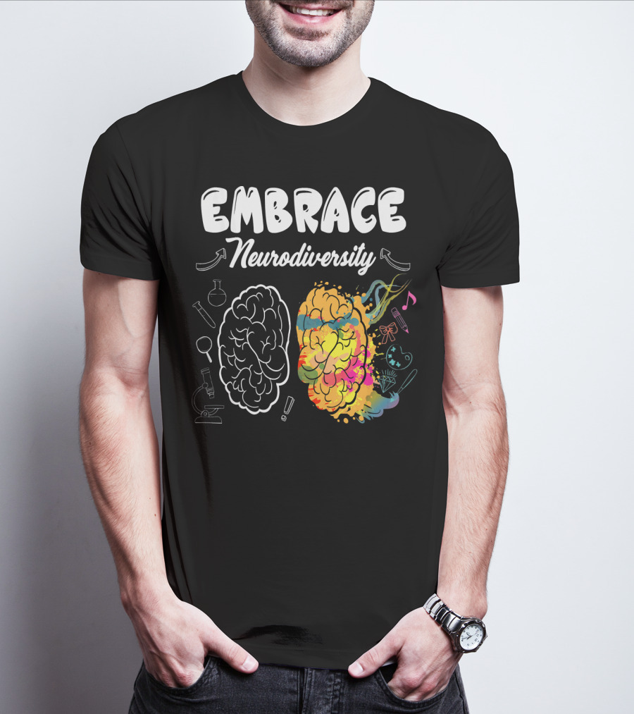 Embrace Neurodiversity Brain Autism Awareness Colorful Science Music Art Icons T-Shirt
