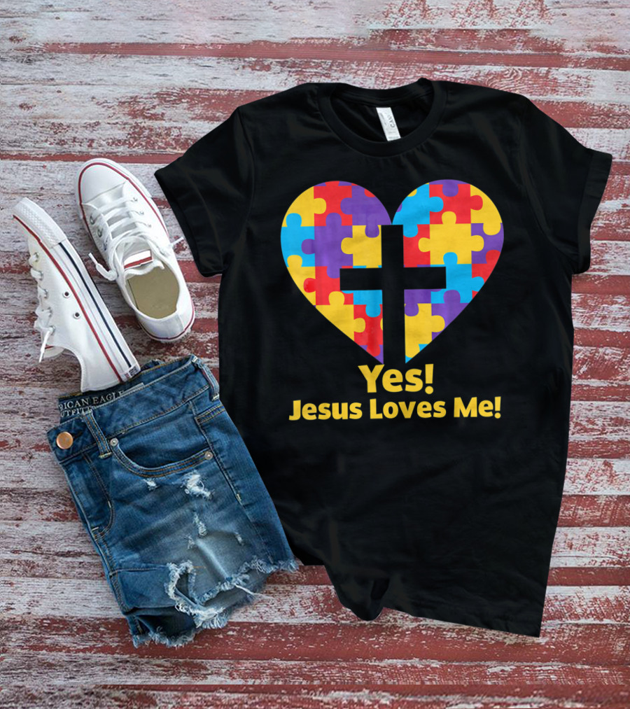 Yes Jesus Loves Me Autism Awareness Catholic Christian Cross Heart Puzzle T-Shirt