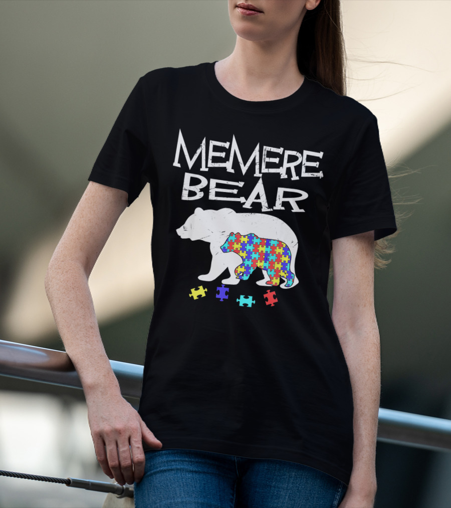 Memere Bear Autism Awareness Puzzle Pieces T-Shirt