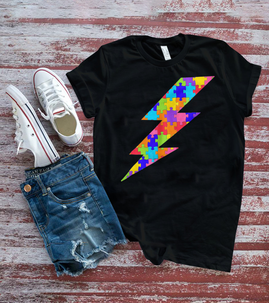 Lightning Bolt Puzzle Piece Autism Awareness Superhero T-Shirt