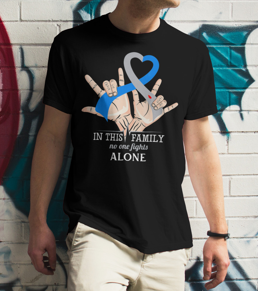 In This Family No One Fights Diabetes Alone Blue Gray Ribbon Hands T-Shirt