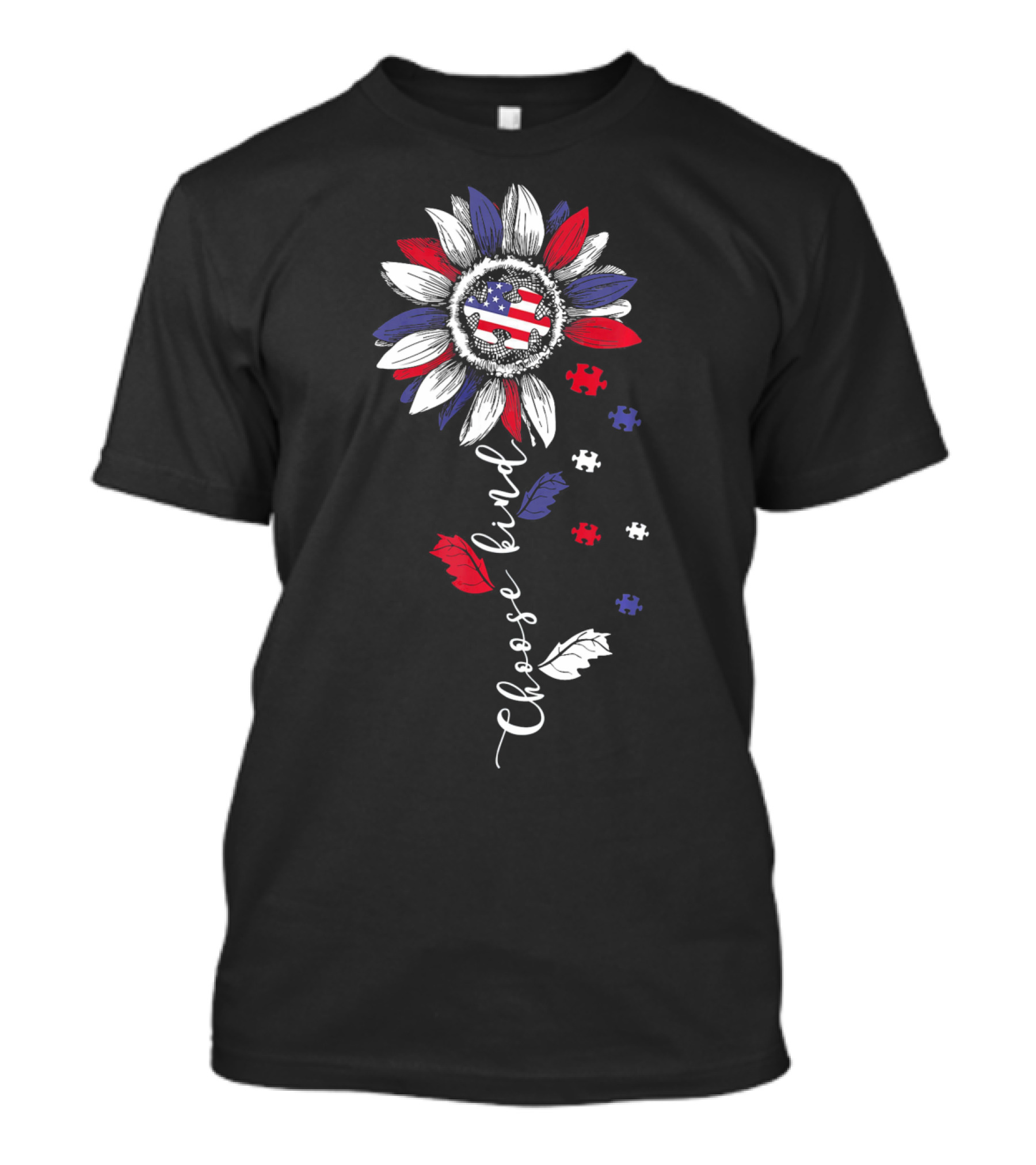 Patriotic Sunflower With Puzzle Pieces And Choose Kind Autism Awareness T-Shirt