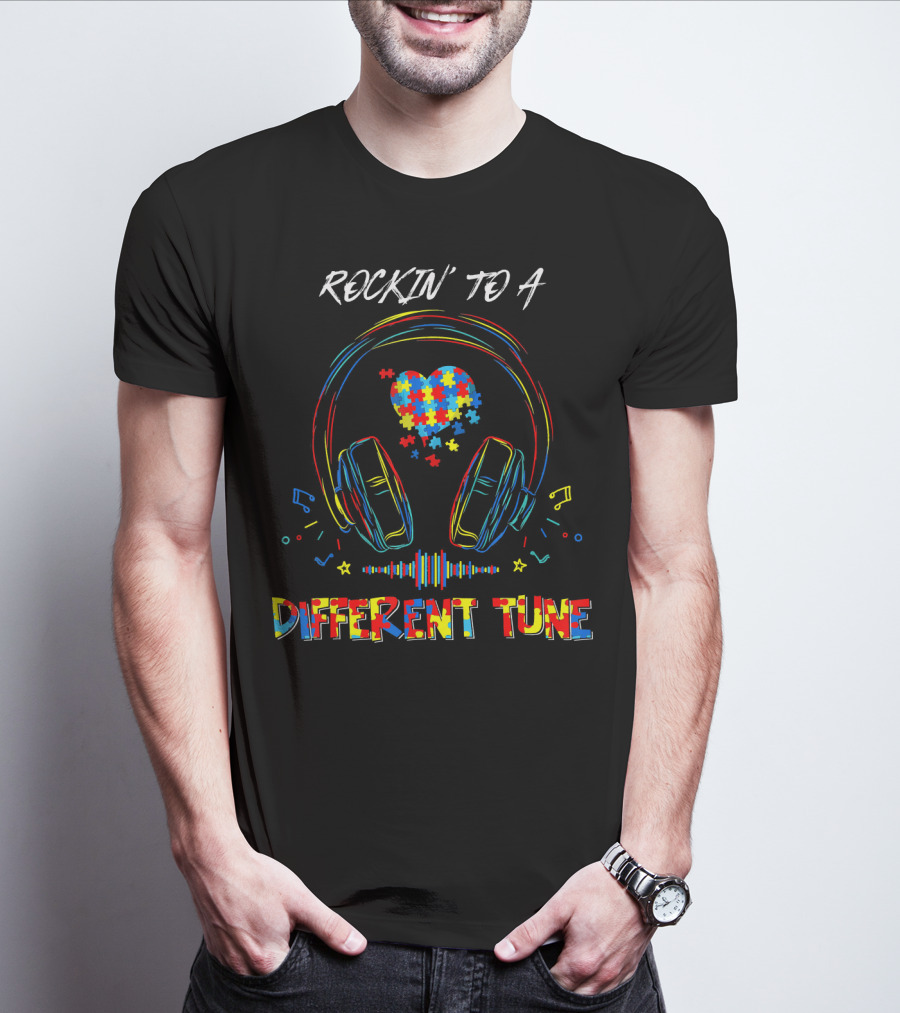 ROCKIN' TO A DIFFERENT TUNE Autism Awareness Headphones Puzzle Heart T-Shirt