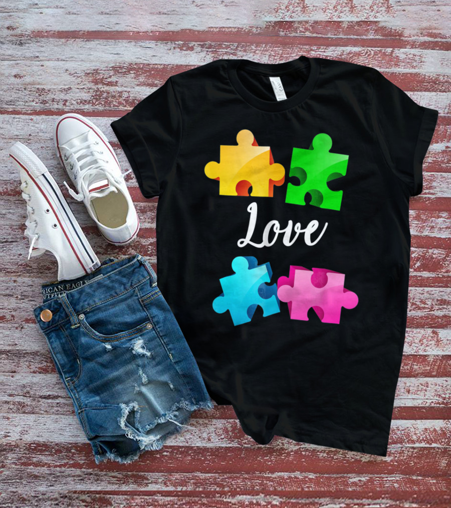 Autism Awareness Love With Colorful Puzzle Pieces T-Shirt