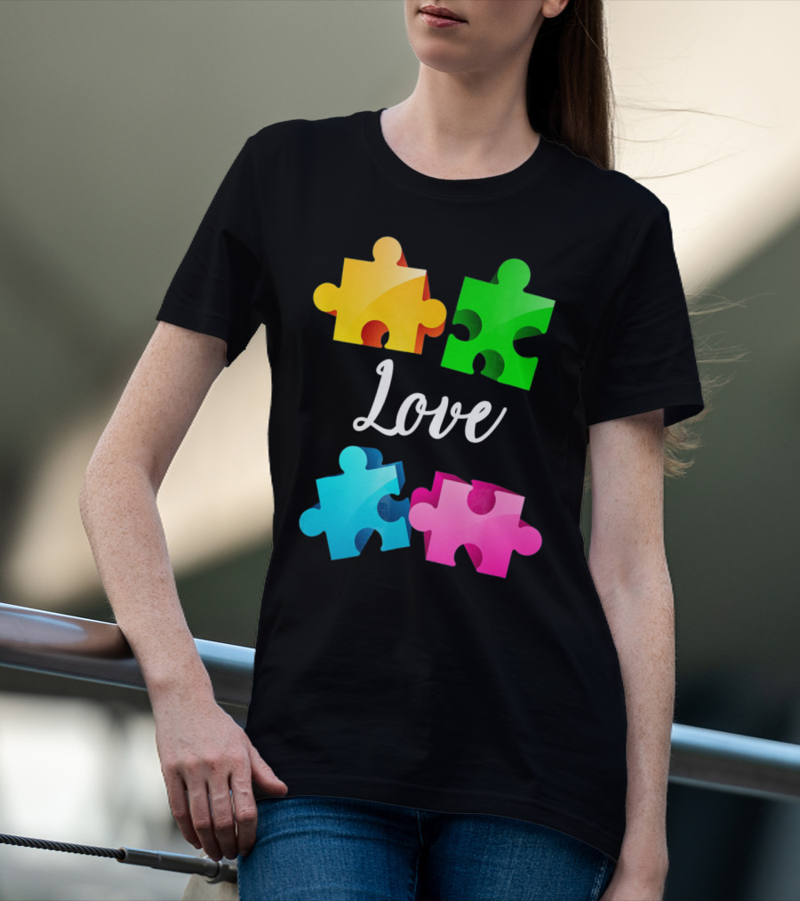 Autism Awareness Love With Colorful Puzzle Pieces T-Shirt