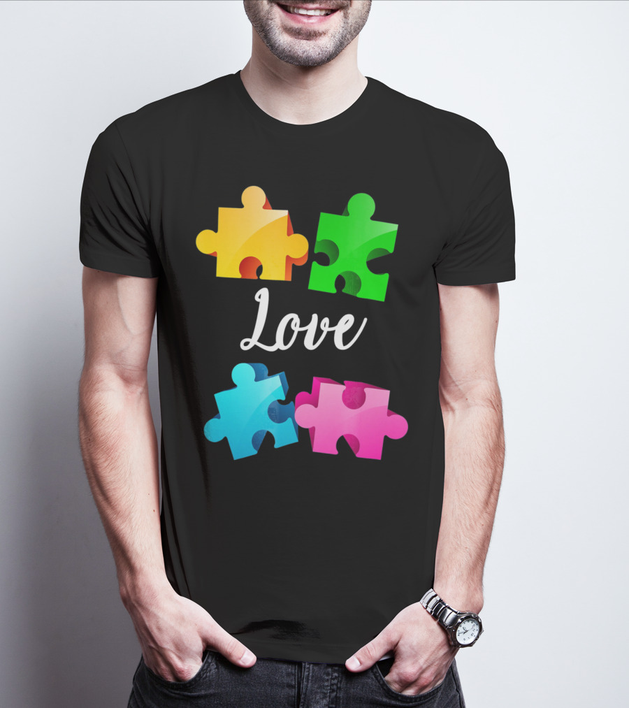 Autism Awareness Love With Colorful Puzzle Pieces T-Shirt