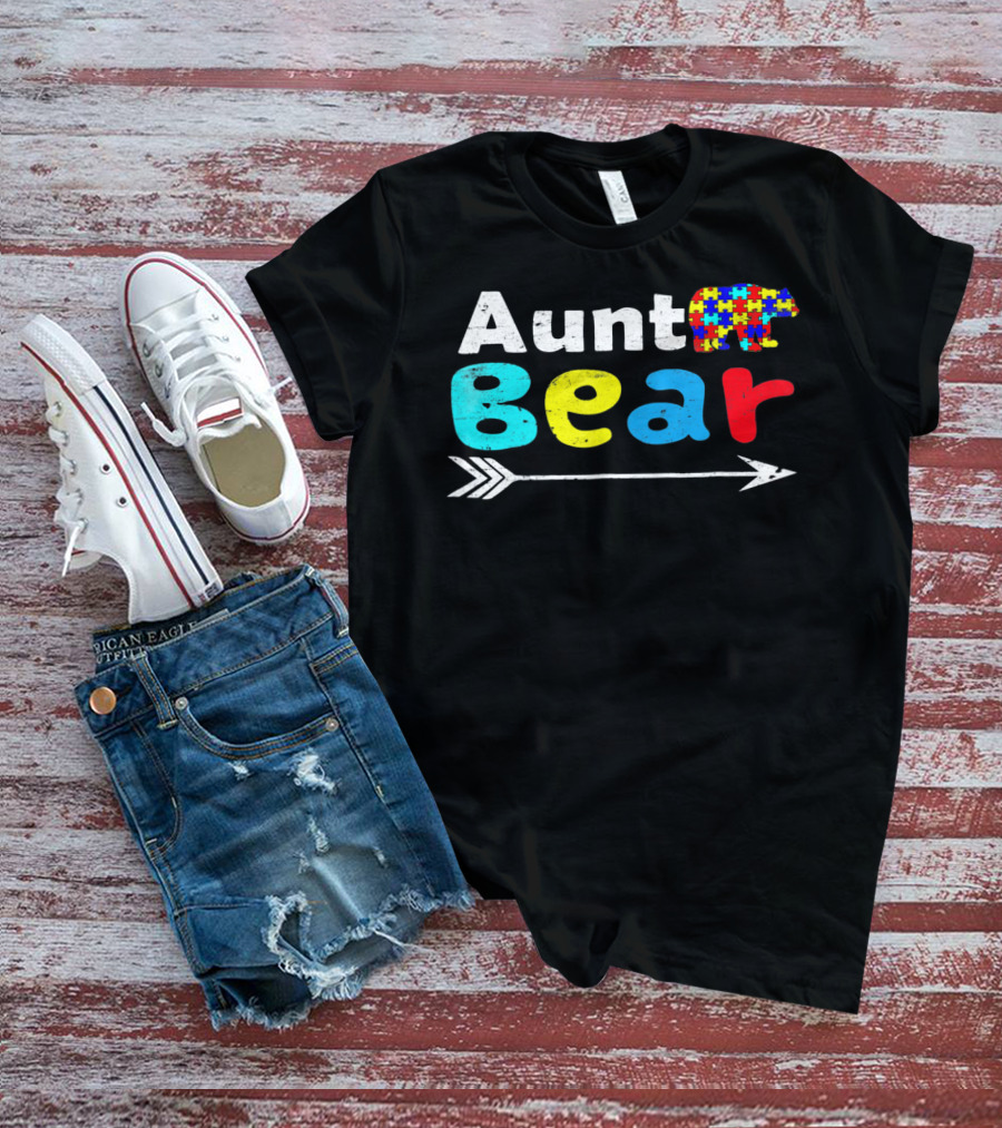 Aunt Bear Autism Awareness Puzzle Bear Arrow T-Shirt