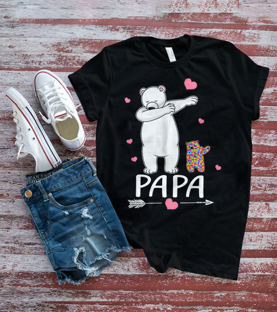 Papa Bear Dabbing With Autism Awareness Puzzle Bear And Hearts T-Shirt
