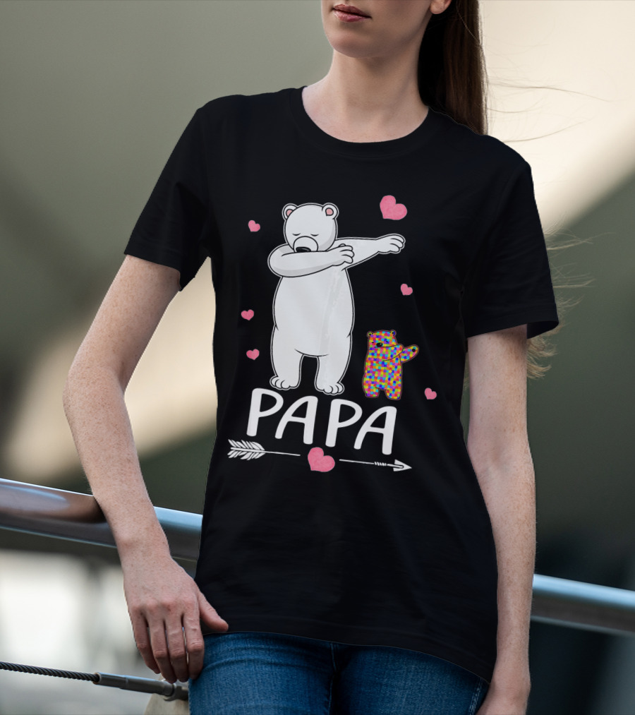 Papa Bear Dabbing With Autism Awareness Puzzle Bear And Hearts T-Shirt
