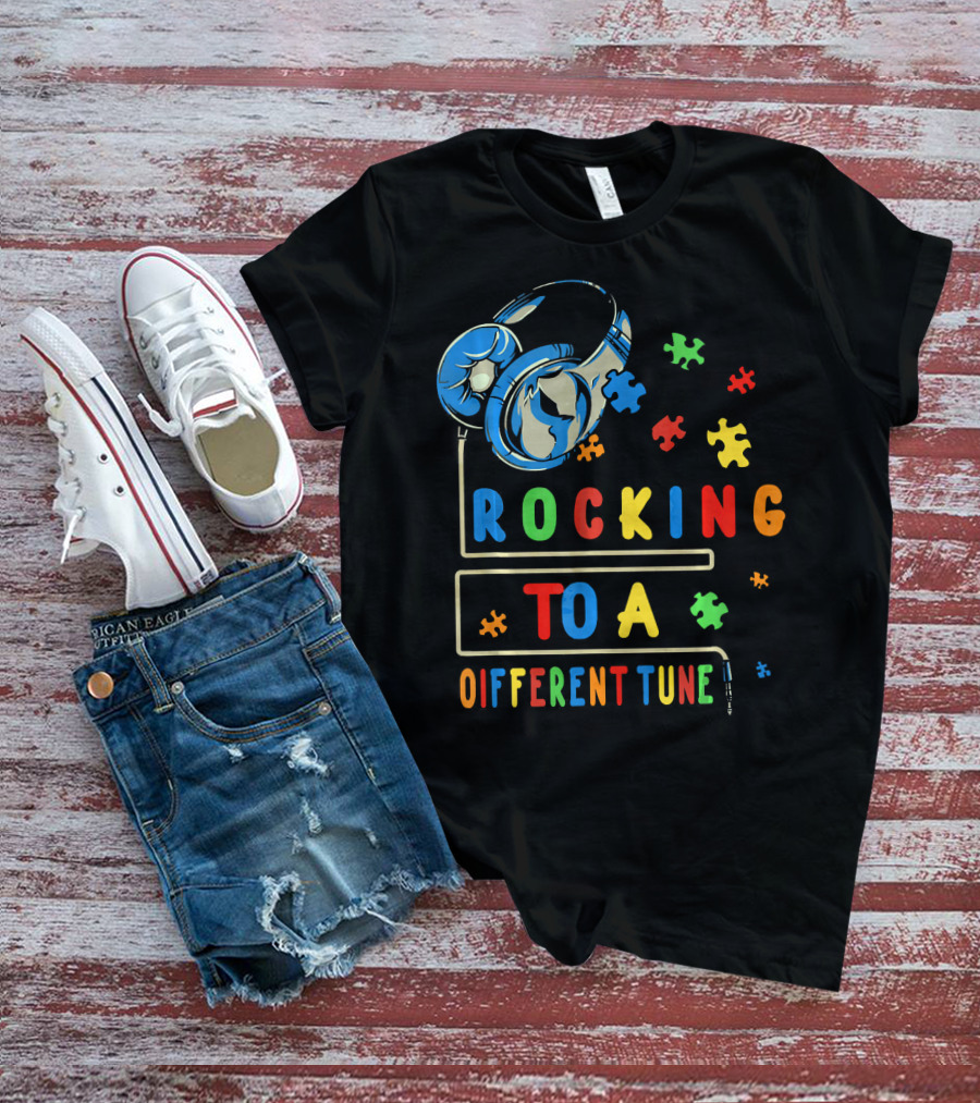 Rocking To A Different Tune Autism Awareness Headphones Puzzle Pieces T-Shirt