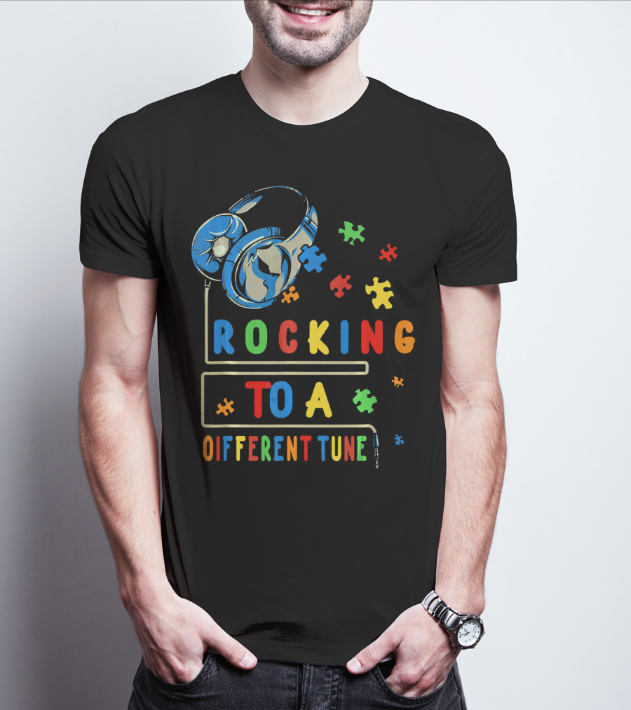 Rocking To A Different Tune Autism Awareness Headphones Puzzle Pieces T-Shirt