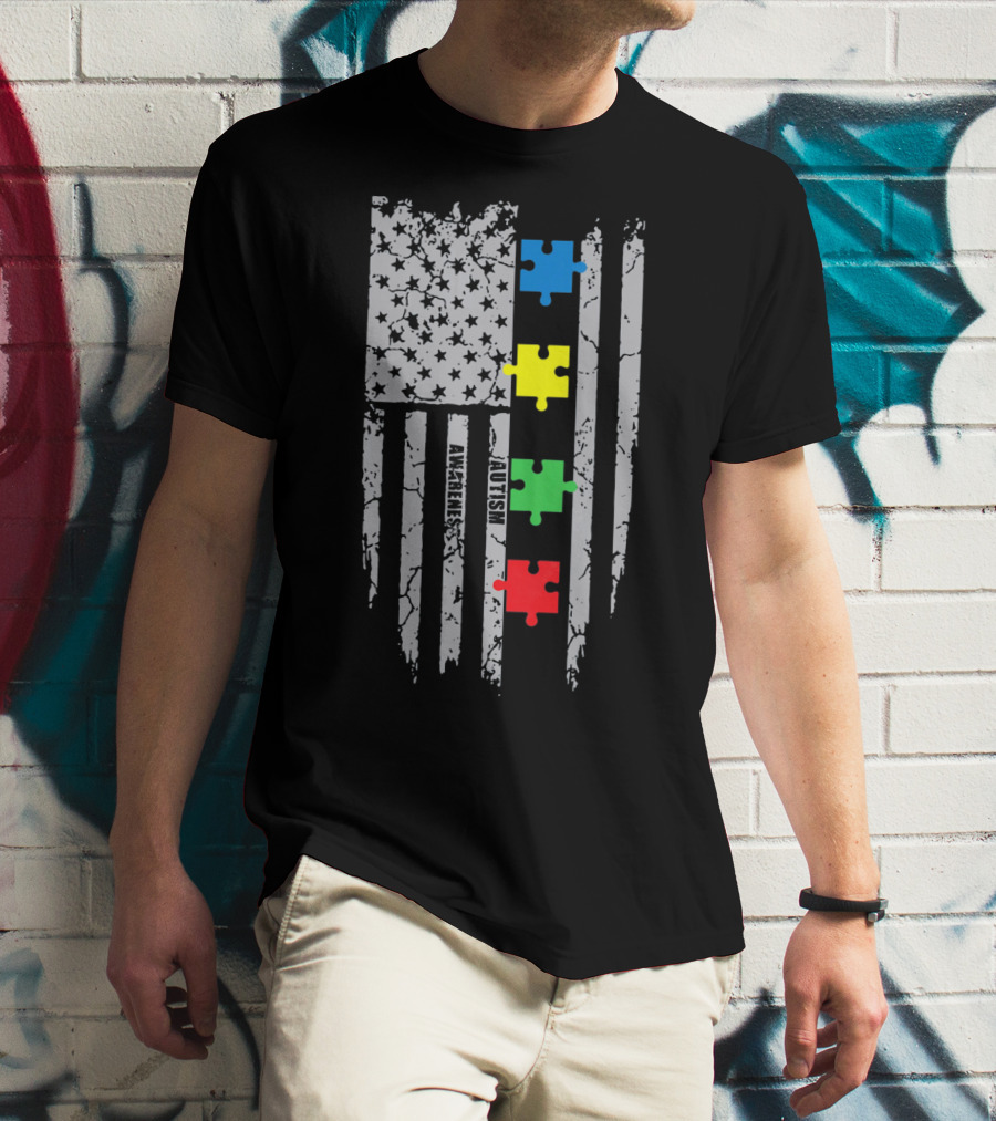 Autism Awareness Puzzle Flag With Colored Pieces T-Shirt