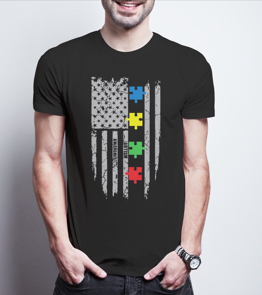 Autism Awareness Puzzle Flag With Colored Pieces T-Shirt