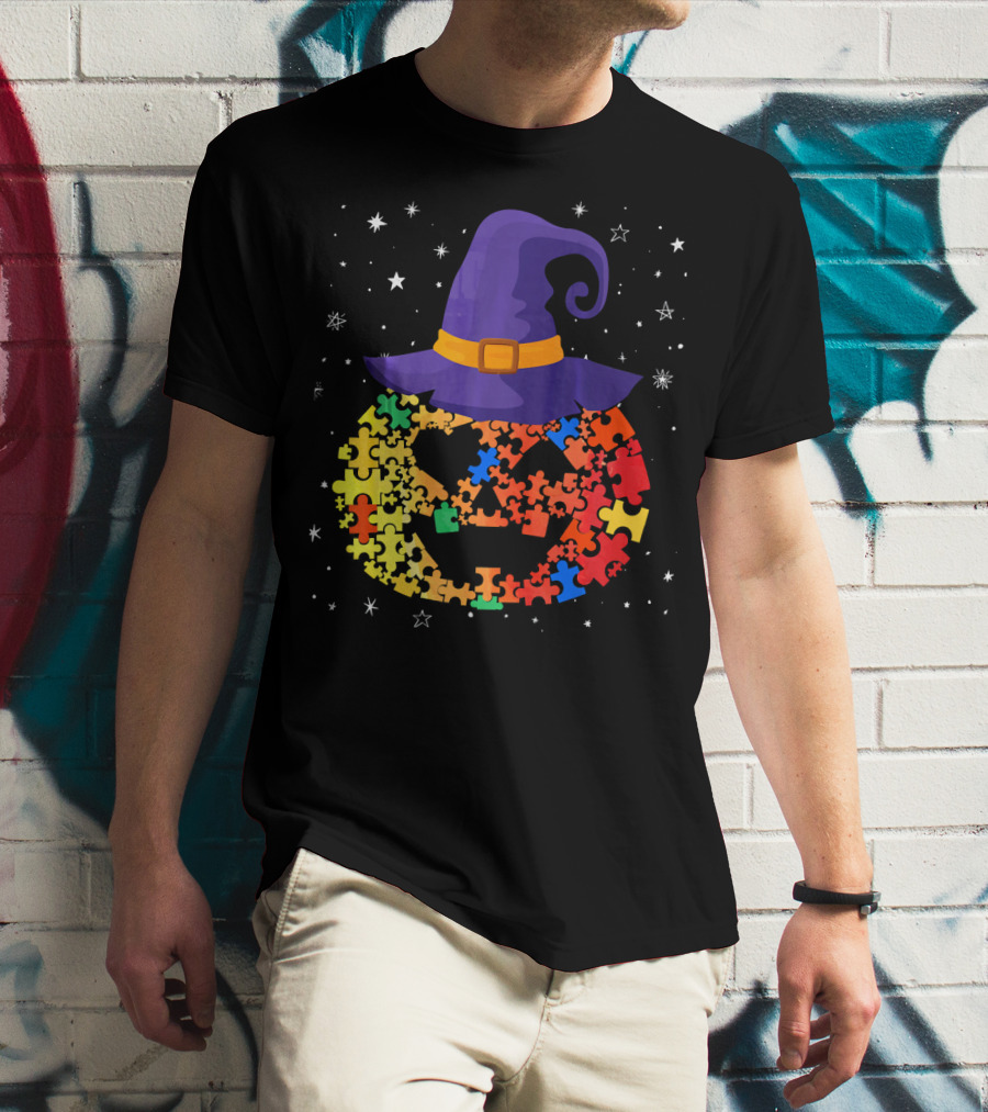 Pumpkin Autism Awareness Halloween Witch Hat Puzzle Piece T-Shirt