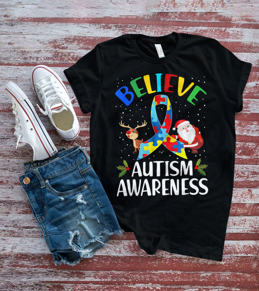Believe Autism Awareness Santa Reindeer Puzzle Christmas T-Shirt