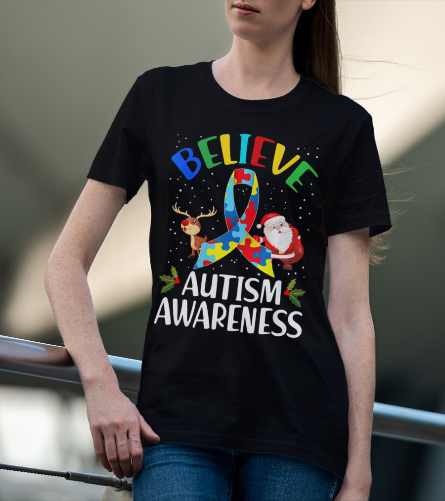Believe Autism Awareness Santa Reindeer Puzzle Christmas T-Shirt