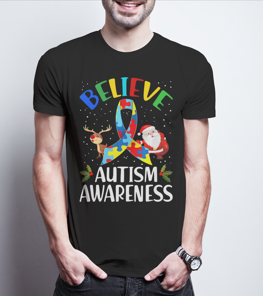 Believe Autism Awareness Santa Reindeer Puzzle Christmas T-Shirt