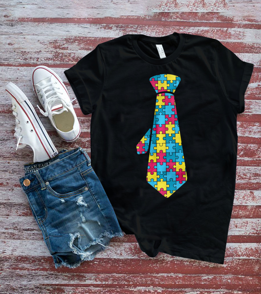 Autism Awareness Puzzle Pattern Tie T-Shirt