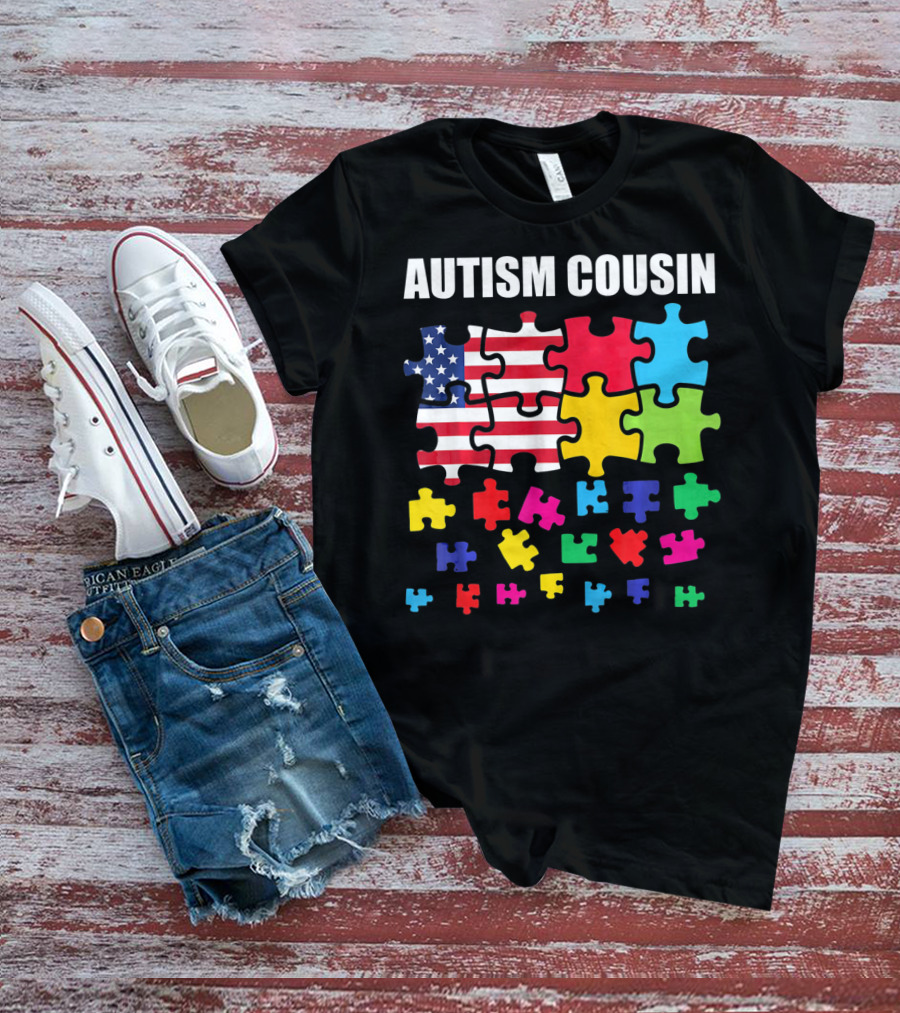 Autism Cousin Puzzle Pieces USA Flag Autism Awareness T-Shirt