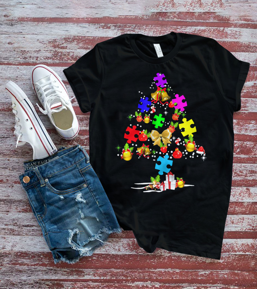 Autism Awareness Christmas Tree Puzzle Piece Ornament Festive Holiday T-Shirt