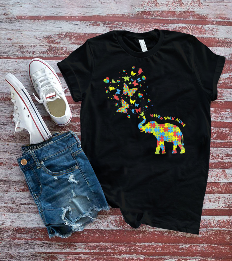Elephants And Butterflies Autism Awareness Never Walk Alone T-Shirt